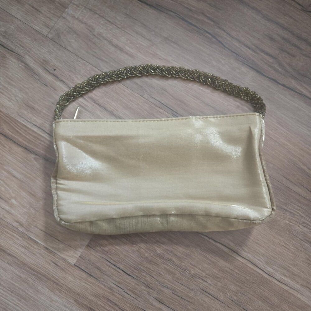 Vintage Jessica McClintock Womens Purse Gold Sateen Formal Clutch Bead Handle